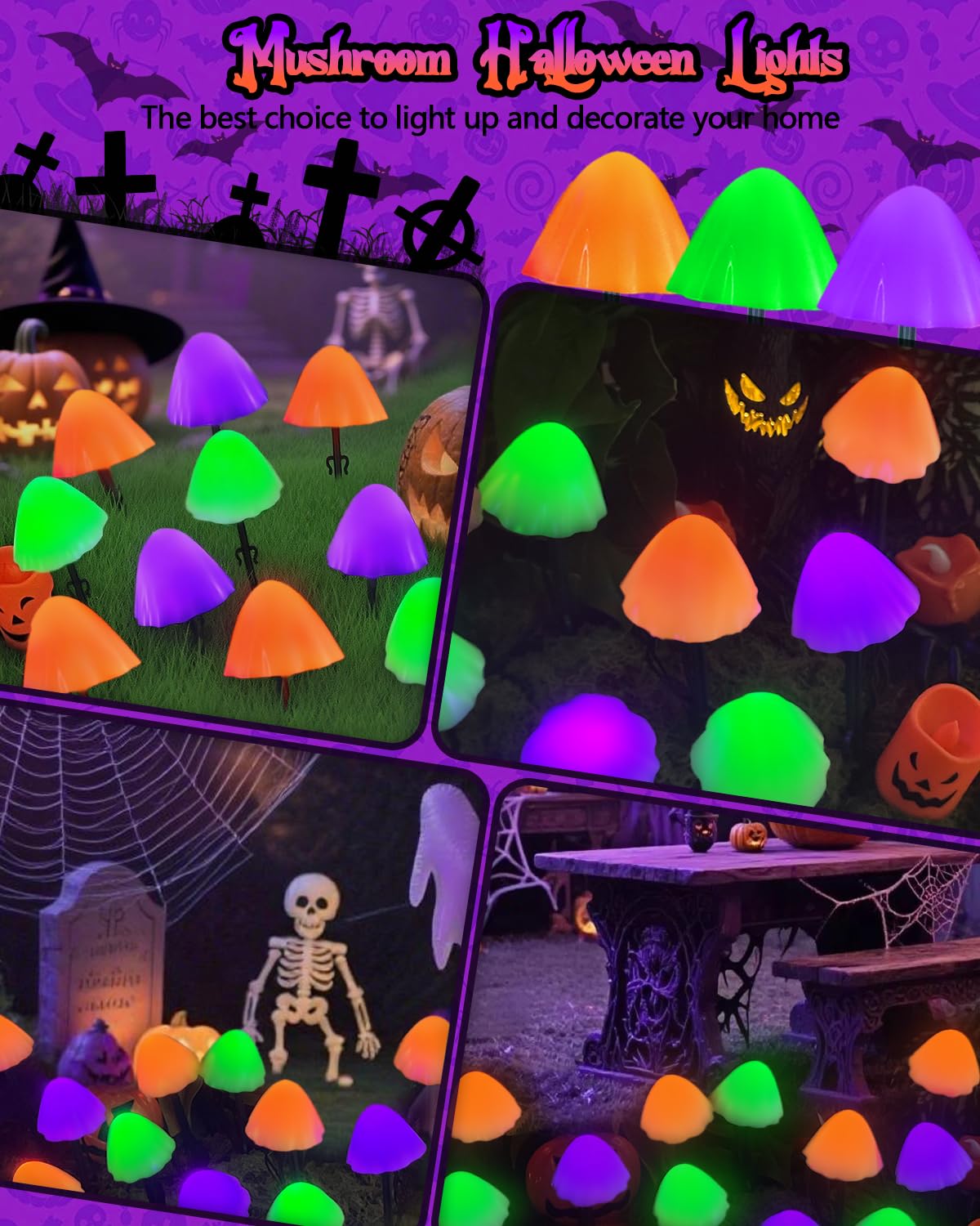 2PK 55FT 32LED Halloween Orange Purple and Green Solar Mushroom Lights Outdoor, Solar String Light with 8 Lighting Modes Auto On/Off, Halloween Garden Lights for Witch Decorations