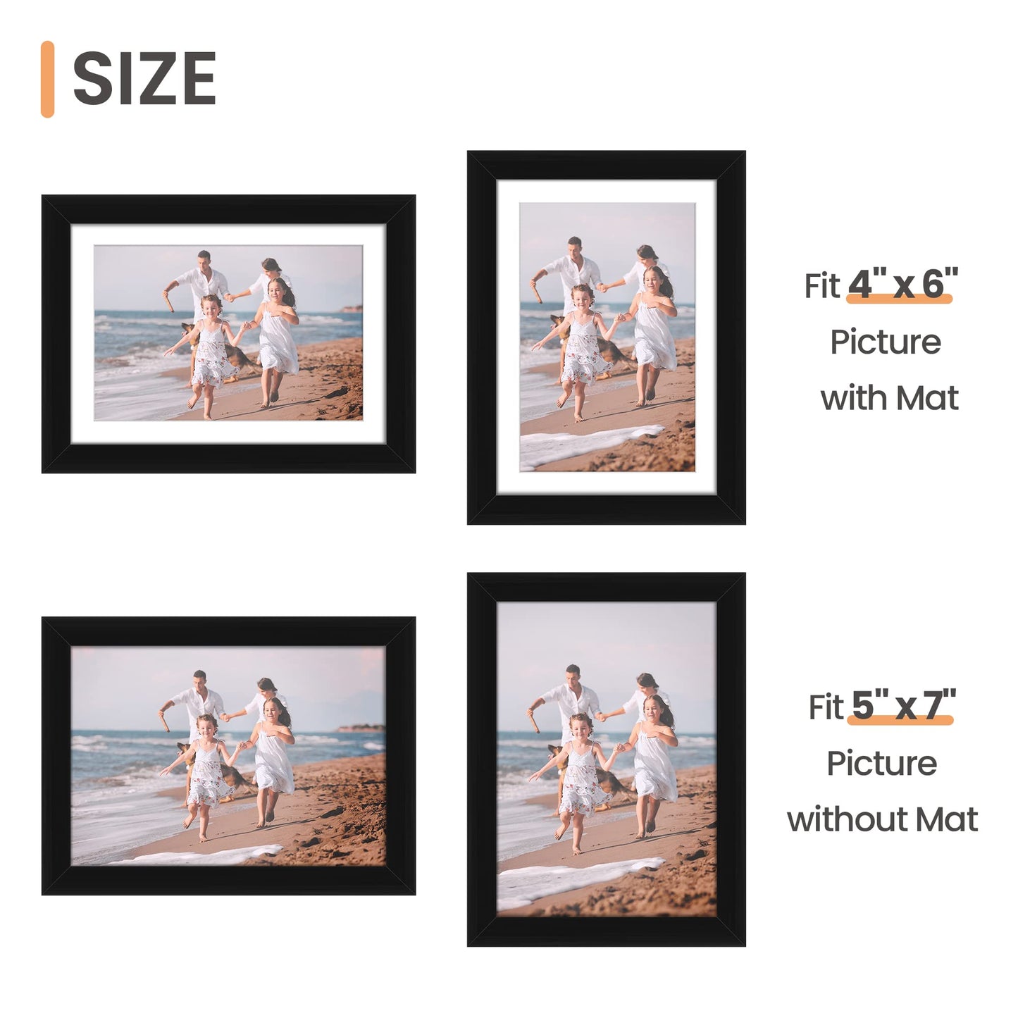 5x7 Picture Frame Set of 10, Display Pictures 4x6 with Mat or 5x7 Without, Multi Photo Frames Collage for Wall or Tabletop Display, Black