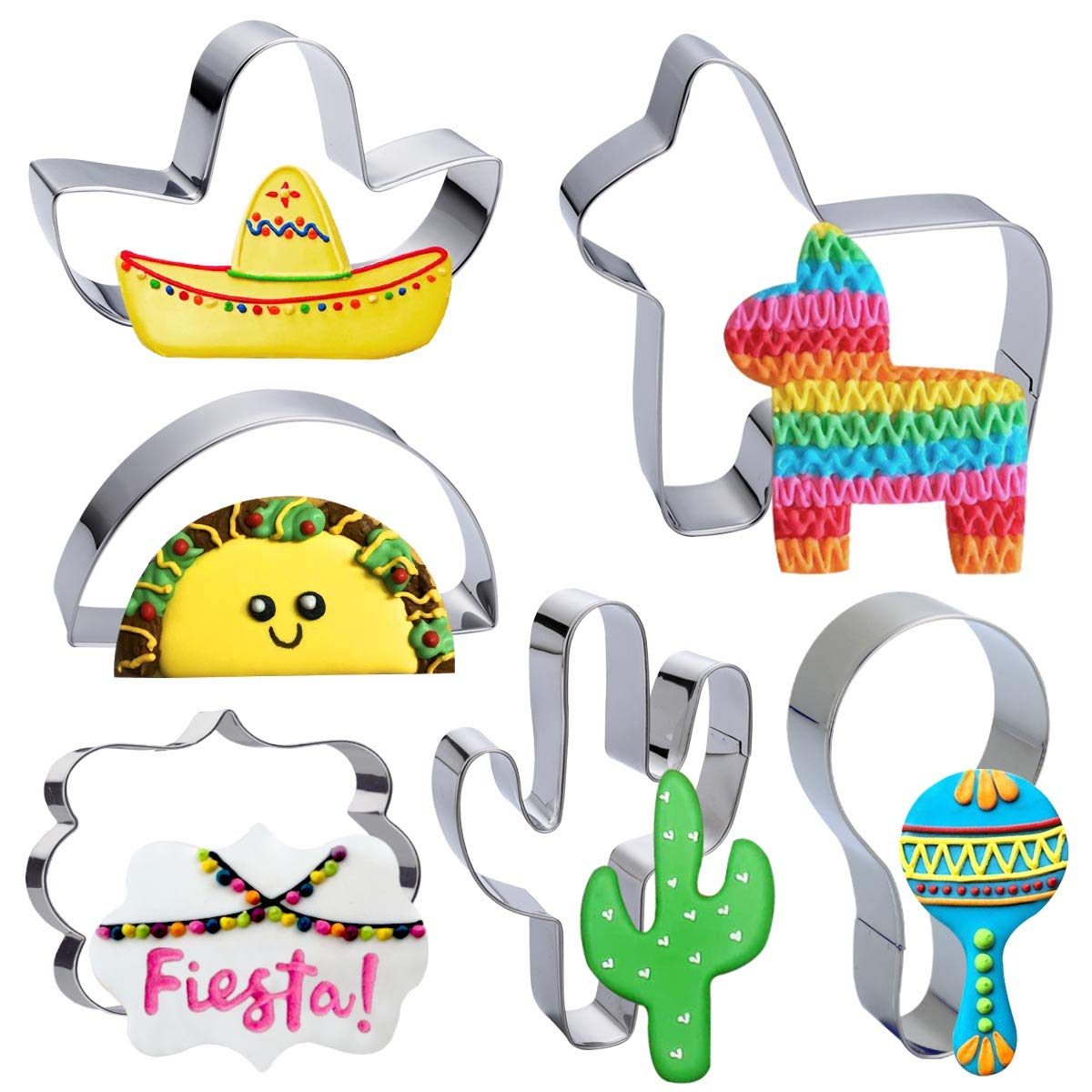 Heboland Fiesta Mexican Cinco de Mayo Cookie Cutter Set Party Decorations - 6 Pieces 4in Large Donkey Pinata Cactus Sombrero Taco Maraca Plaque Stainless Steel Fondant Molds