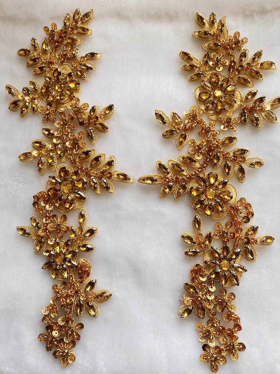 Zbroh Handmade red/White//Green/Blue Rhinestones Applique Sewing Beads Stones Trim lace Patches Accessory for Dress Clothes one Pair (Champagne)