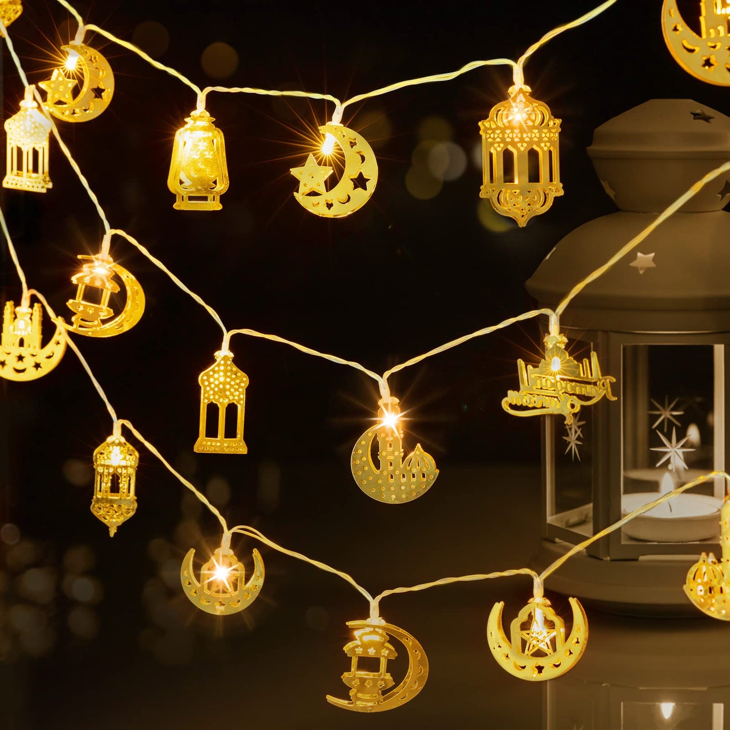 Ramadan Eid String Light - 9.8 ft 20 LEDs Mubarak String Light, Muslim String Decor with Moon Star Kerosene Lantern Palace Ornaments for Islamic Indoor Outdoor Home Garden Party Supplies - White Bulb
