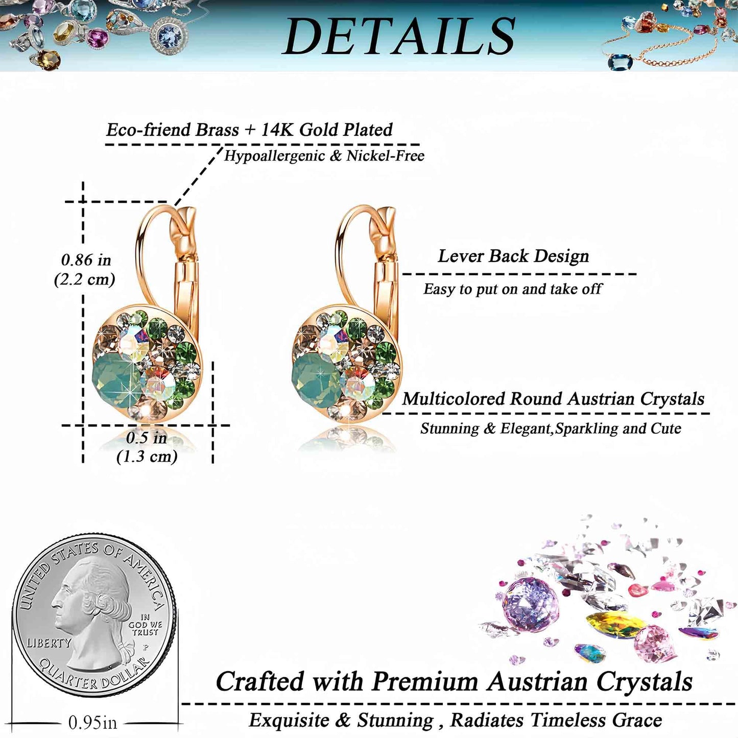 Multicolored Austrian Crystal Earrings for Women 14K Gold Plated Leverback Dangle Hoop Earrings (Green Opal+Aurora Borealis Crystal)