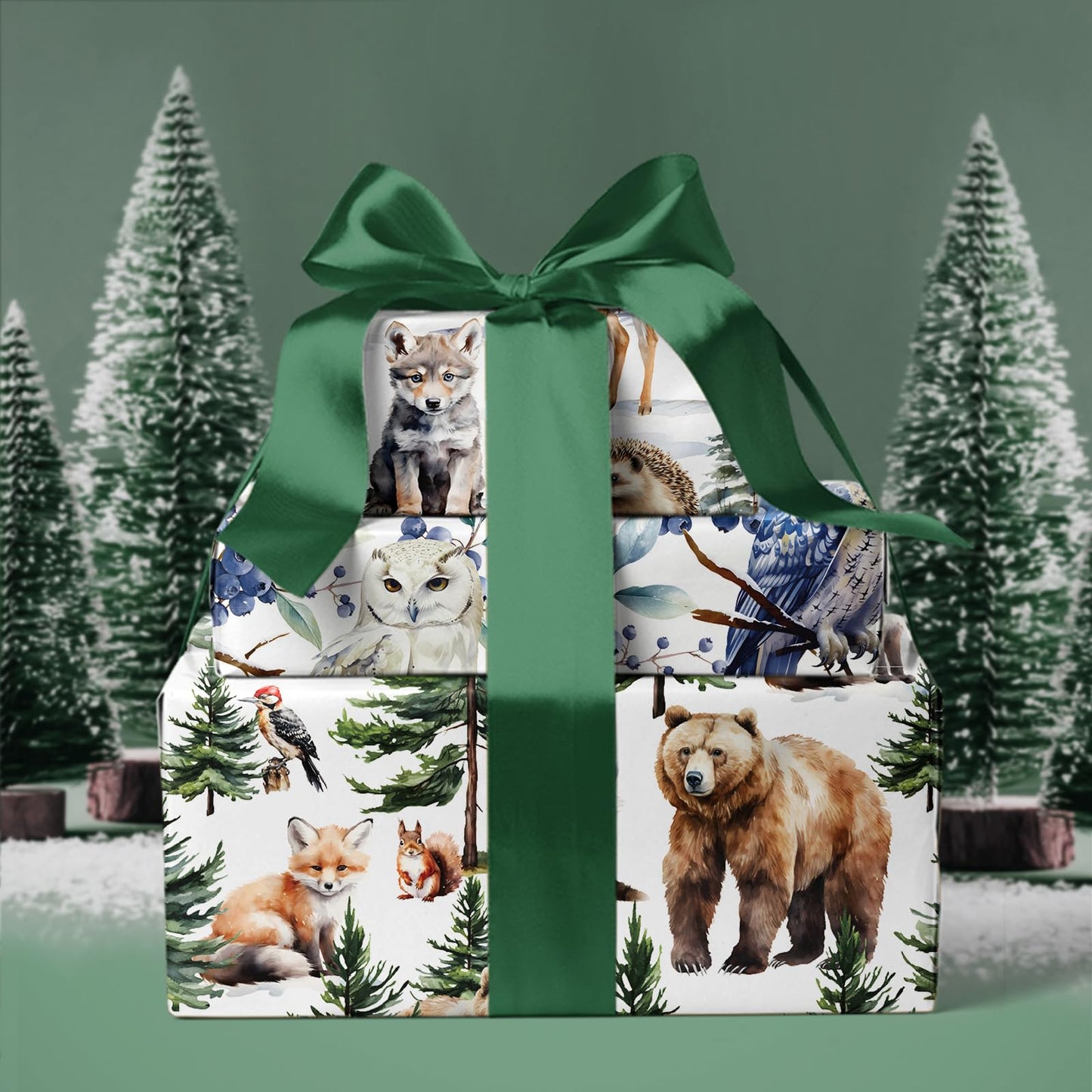 Kraft Christmas Wrapping Paper Roll - Mini Roll - 3 Rolls - 17 Inch x 120 Inch Per Roll - White Wild Animals Winterfall Watercolor Holiday Collection