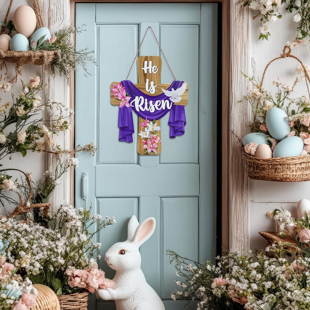 He is Risen Easter Decorations, Wood Cross Wall Signs, Wooden Wreaths for Front Door, Christian Jesus Lily Flowers Dove Hanging Crafts for Spring Home Farmhouse Party Porch Mantel Window Decor