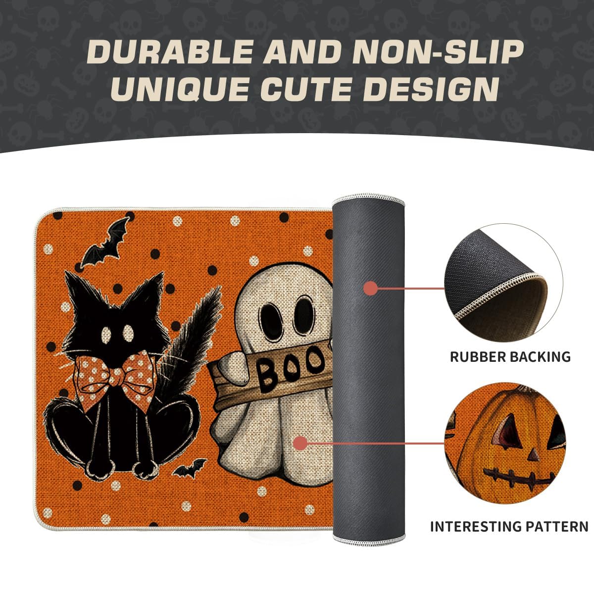 Artoid Mode Orange Cat Jack-O'-Lantern Ghost Pumpkins Halloween Doormat, Seasonal Low-Profile Floor Switch Mat for Indoor Outdoor 17x29 Inch