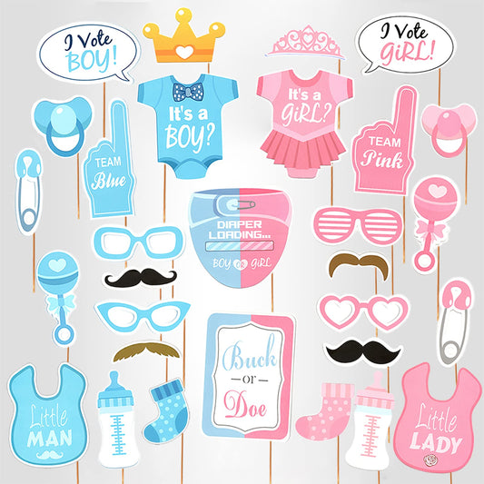 Baby Photo Booth Props Gender Reveal Party Boy or Girl Shower Birthday Party
