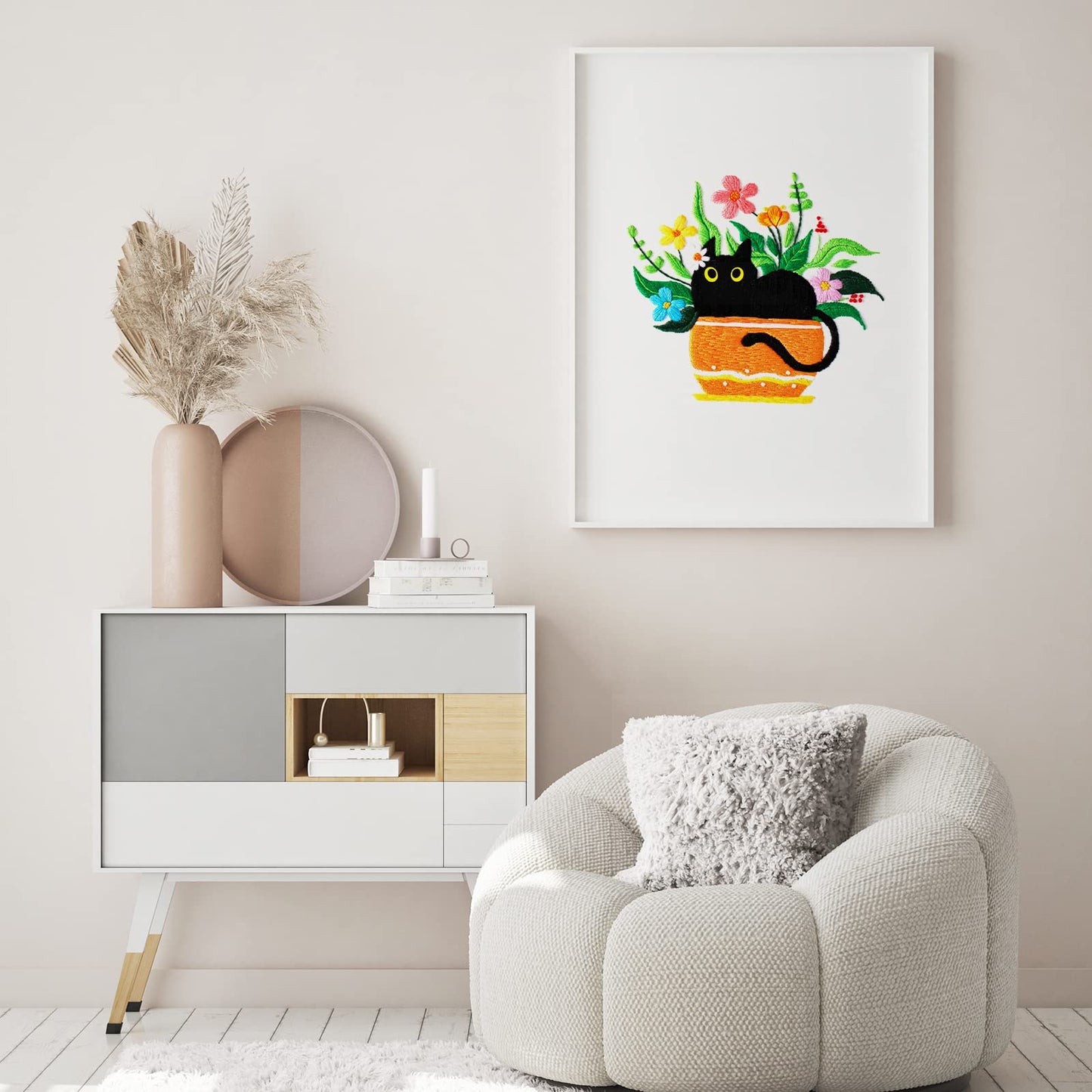 Louise Maelys Embroidery kit with Cat Plant Stamped for Starters, Cross Stitch Kits for Beginners Adults, Include Embroidery Cloth, Hoop,Needles,Instruction and Threads