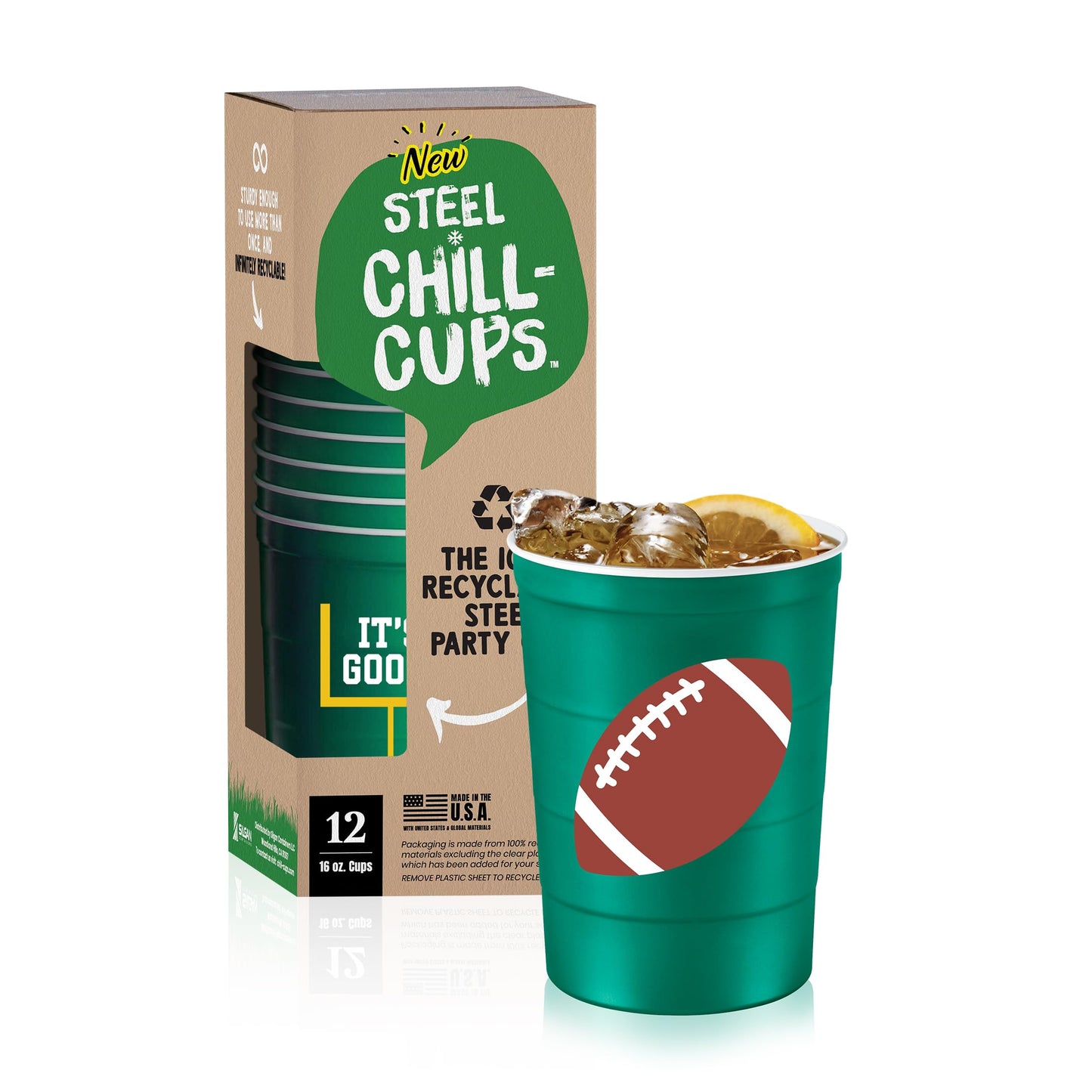 Steel Chill Cups 16 oz. Party Cup Football 'It's Good' Goal Post Design for Cold Drinks, Durable, Disposable, Recyclable, Made in USA, Green 12 Count