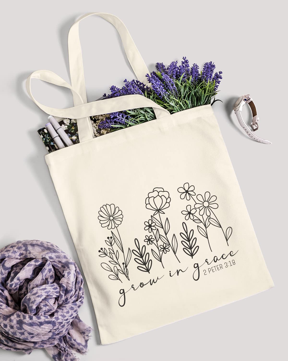 AUSVKAI Canvas Tote Bag Aesthetic for Women, Cute Trendy Grow in grace Reusable Cloth Cotton Bags with Handle for Grocery College Shopping Beach