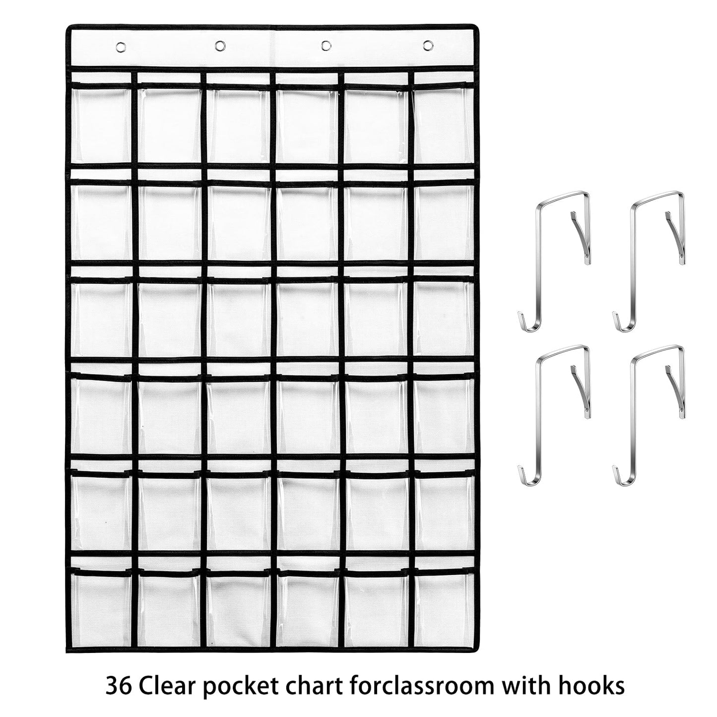 SAVERHO 36 Clear Pockets Classroom Pocket Chart for Cell Phones, Pocket Chart for Calculator Phone Holder with 36 Number Stickers and Hooks (White)