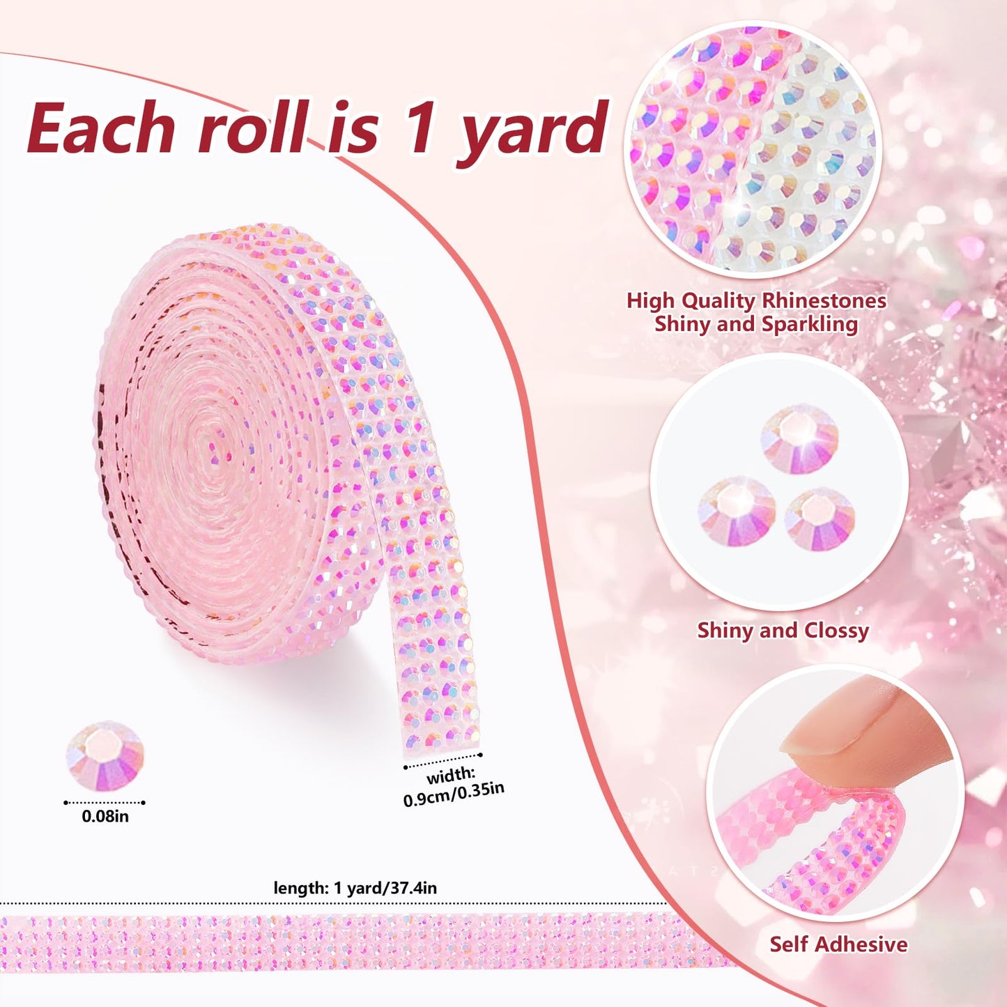Rhinestone Ribbon Self Adhesive Crystal Rhinestones, 12-Rolls Bedazzling Strips, 12-Yard Rhinestone Strips for DIY Craft, Rhinestones for Crafting