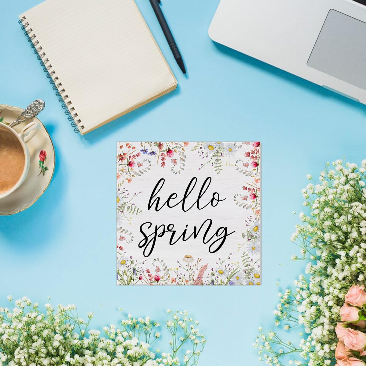 Spring Decor Farmhouse Desk Decorations Wooden Sign, Hello Spring Wood Plaque Block Sign Rustic Home Decor 5 x 5 Inches