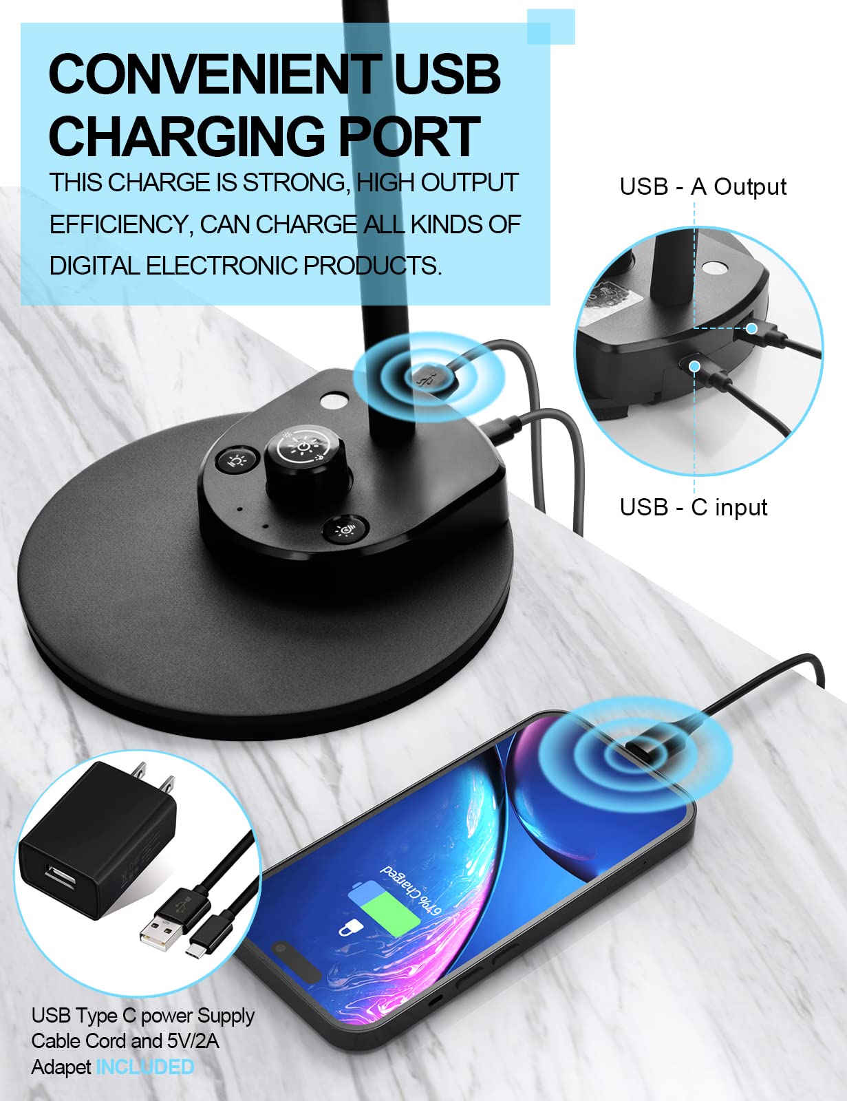 BOHON LED Desk Lamp with USB Charging Port 3 Color Modes Dimmable Reading Light Intelligent Induction Auto Dimming Task Lamp Neck Flexible Table Lamp for Bedside Office, AC Adapter Include