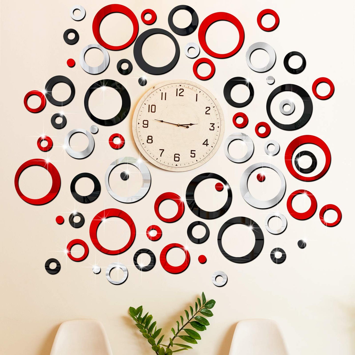 Outus 72 Pieces Wall Stickers Acrylic Circle Mirror Removable Round Dots Mirror Wall Decoration Wall Decals Murals for Home Living Room Bedroom Decor(Silver, Red, Black)