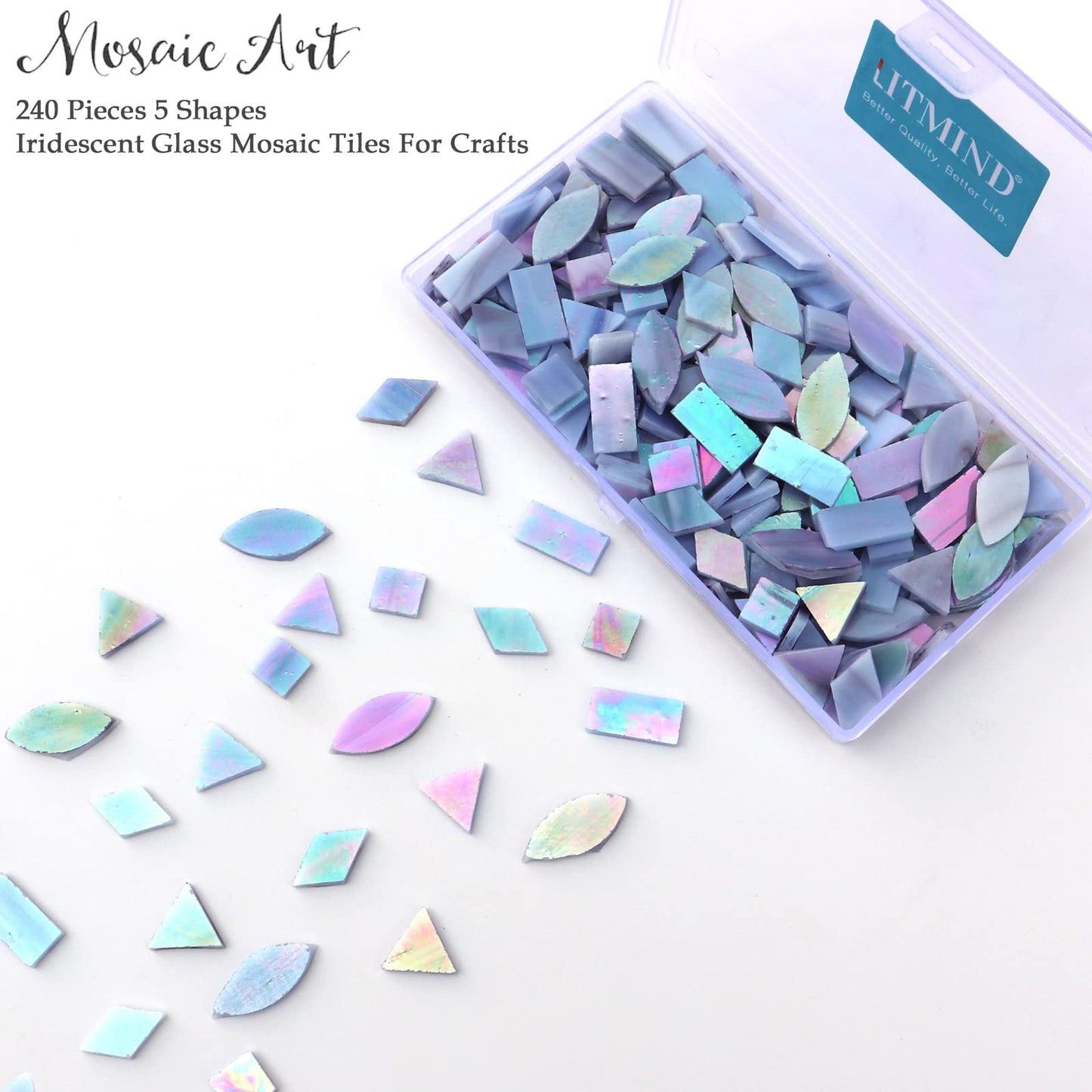 LITMIND Iridescent Stained Glass Mosaic Tiles for Crafts, 240 Pieces 5 Shapes Mixed Mosaic Glass Pieces, Mosaic Kits for Adults (Iridescent Grey)