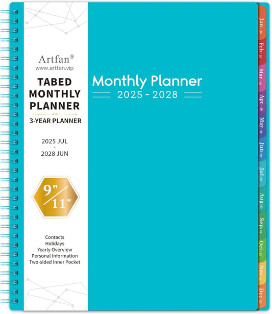 2025-2028 Monthly Planner/Calendar - 3 Year Monthly Planner 2025-2028, Jul.2025 - Jun.2028, 9" x 11", 36-Month Calendar + Colorful Tabs + Pocket - Teal
