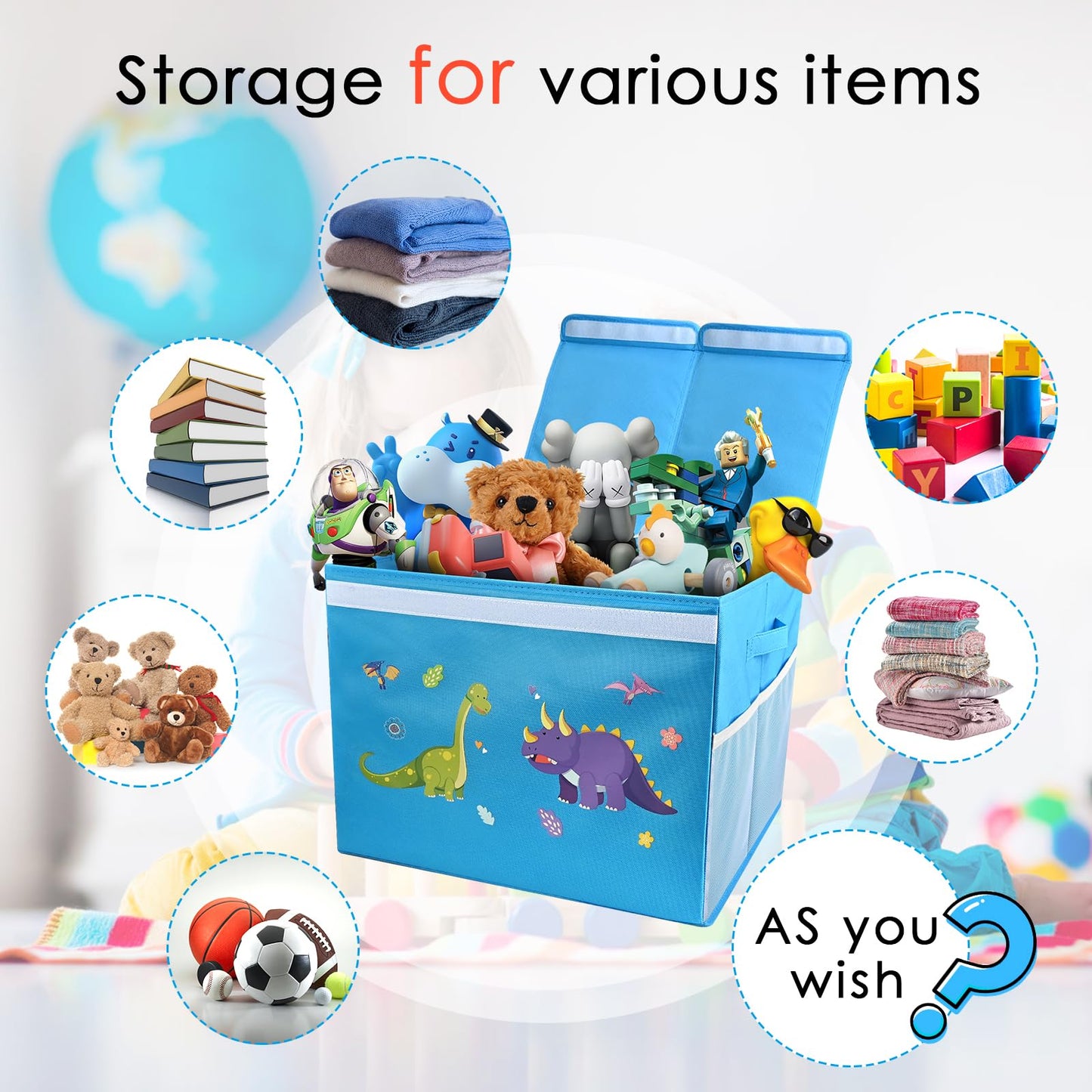Two Pcs Toy Chest for Boys Girls 18x16x14 Inch, Baby Shark, Collapsible Dinosaur Toy Box with Lid, Blue, Kids Toy Box for Boys Girls