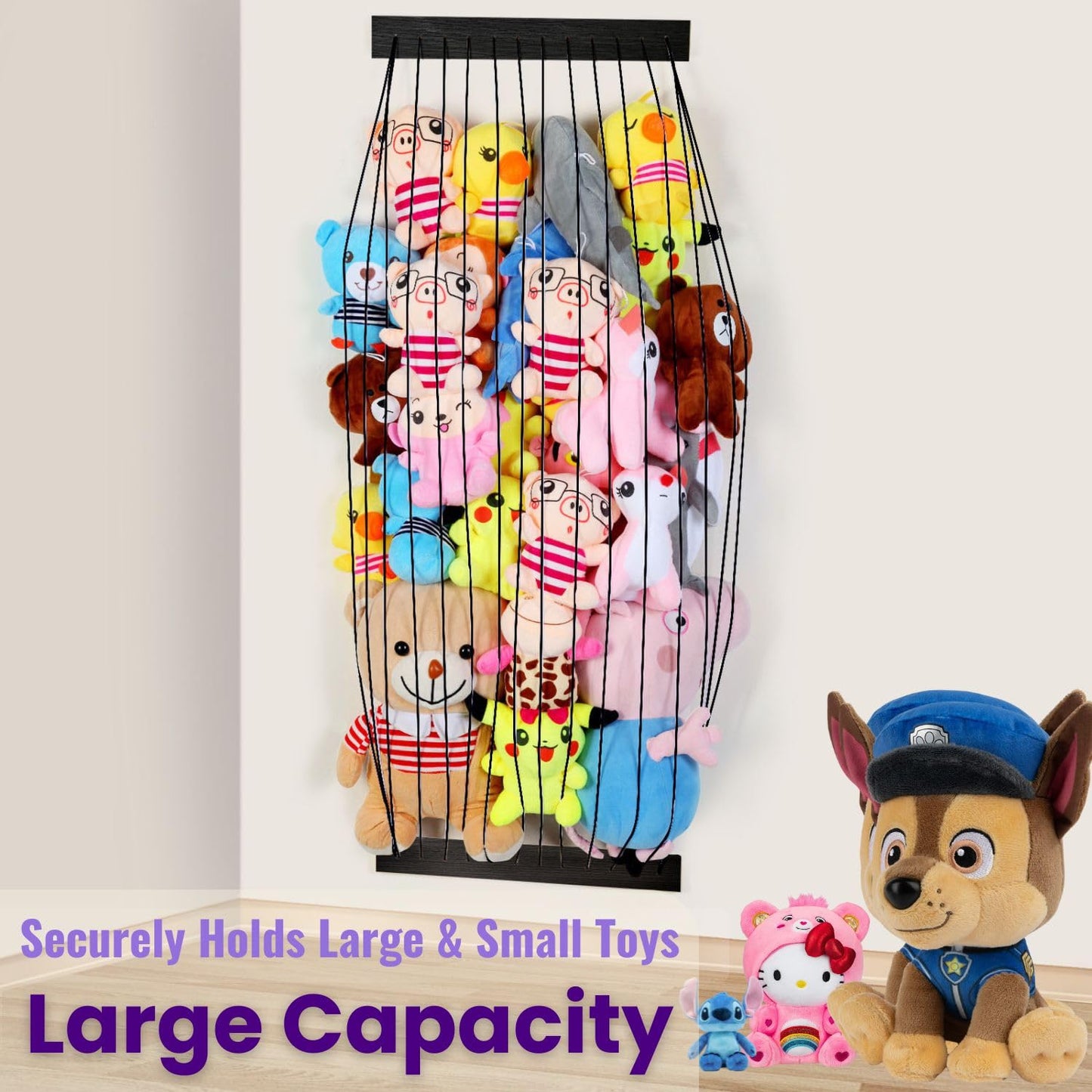 Stuffed Animal Storage Wooden Soft Toy Storage for Kids Room，Wall Mount Door Hanging Stuffed Animal Toy Organizer Shelf for Nursery Play Room Black -Patent