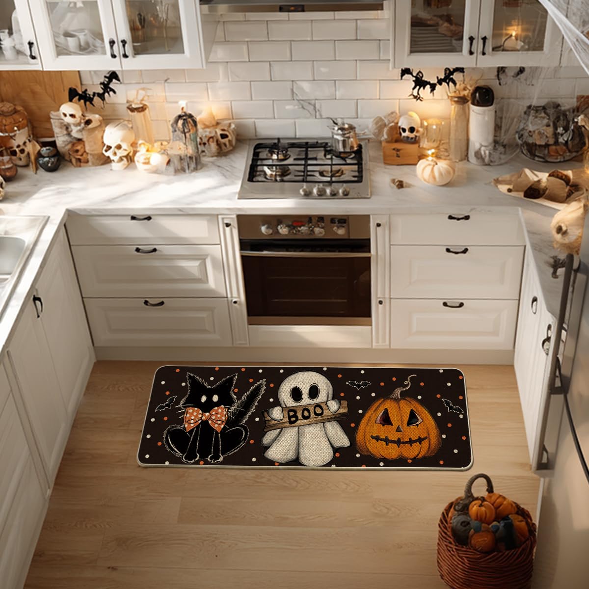 Artoid Mode Black Cat Jack-O'-Lantern Ghost Pumpkins Halloween Doormat, Seasonal Low-Profile Floor Switch Mat for Indoor Outdoor 17x47 Inch