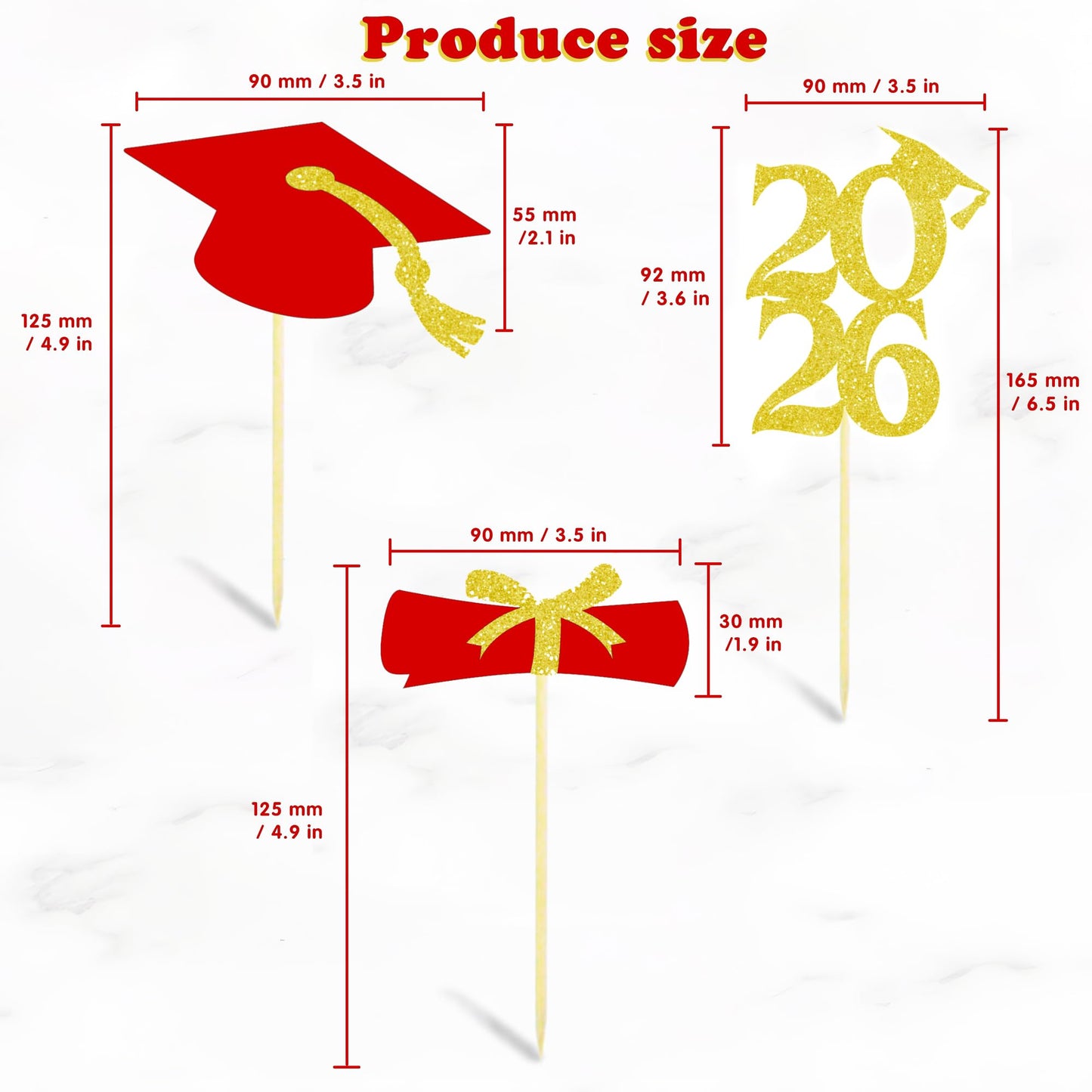 OHOME Graduation Decorations 2026-36 PCS Graduation Cupcake Toppers - 2026 Graduation Party Decorations - Mini Cake Decorations for Class of 2026,Diploma, 2026, Grad Cap Set (Red)