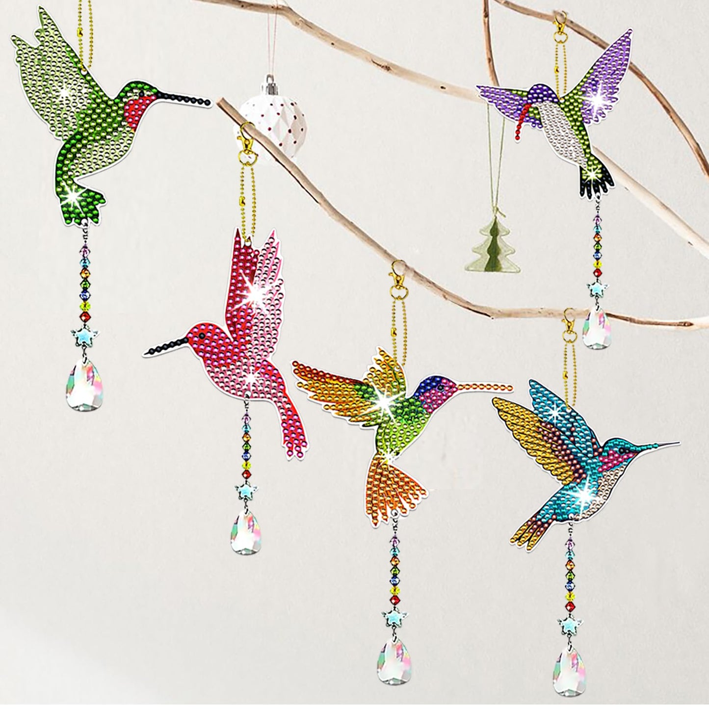 JeCuiK 6 Pcs Diamond Painting Wind Chimes Rhinestone Hummingbird Diamond Art Suncatcher Double Sided 5D DIY Diamond Painting Kits for Adults Christmas Ornament Best Gifts for Mom