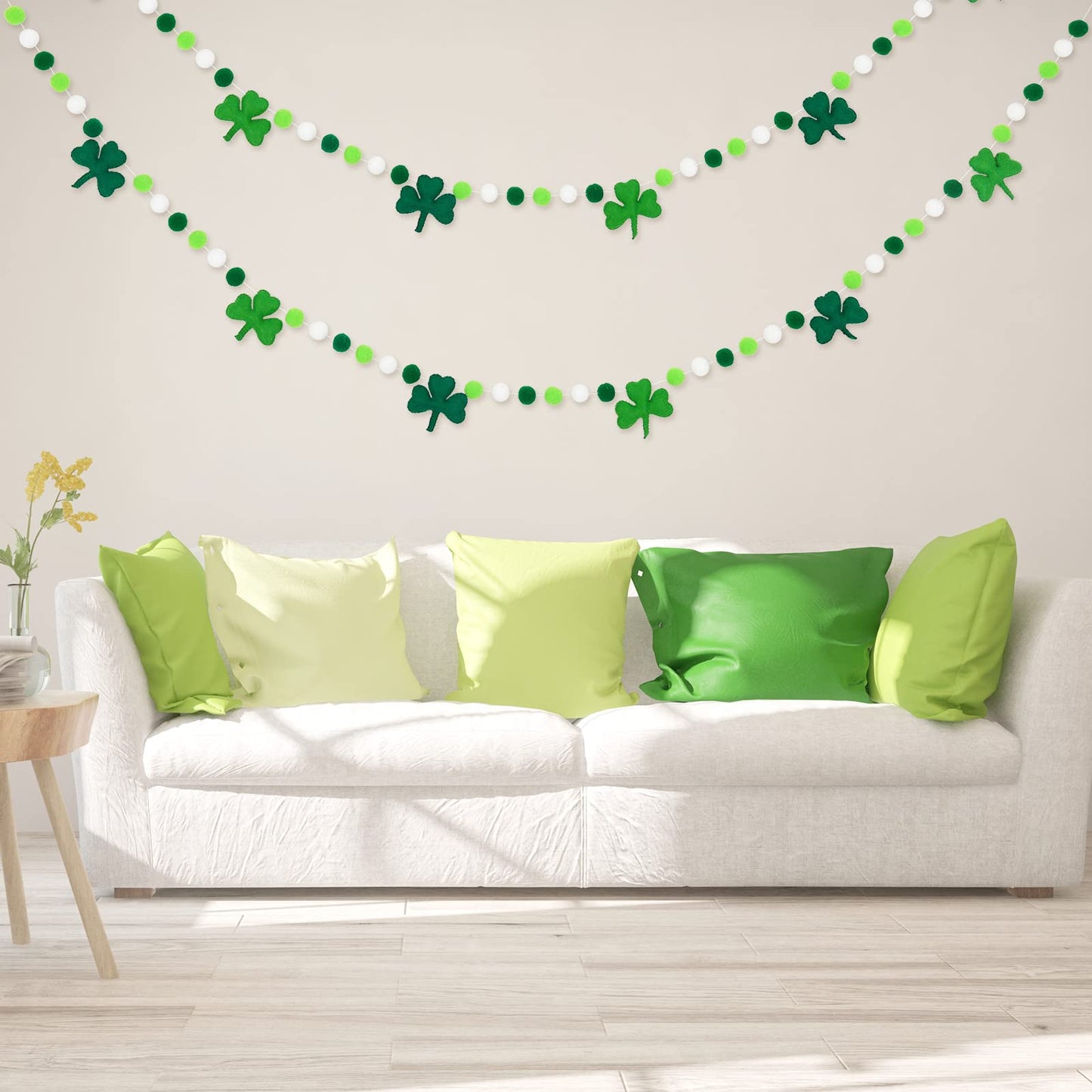 Whaline 8.2Ft St. Patrick's Day Felt Pom Pom Banner Lucky Shamrock Garland Green White Pom Ball Clover Decorative Irish Hanging Bunting Garland for St. Patrick's Day Home Mantel Wall Decor