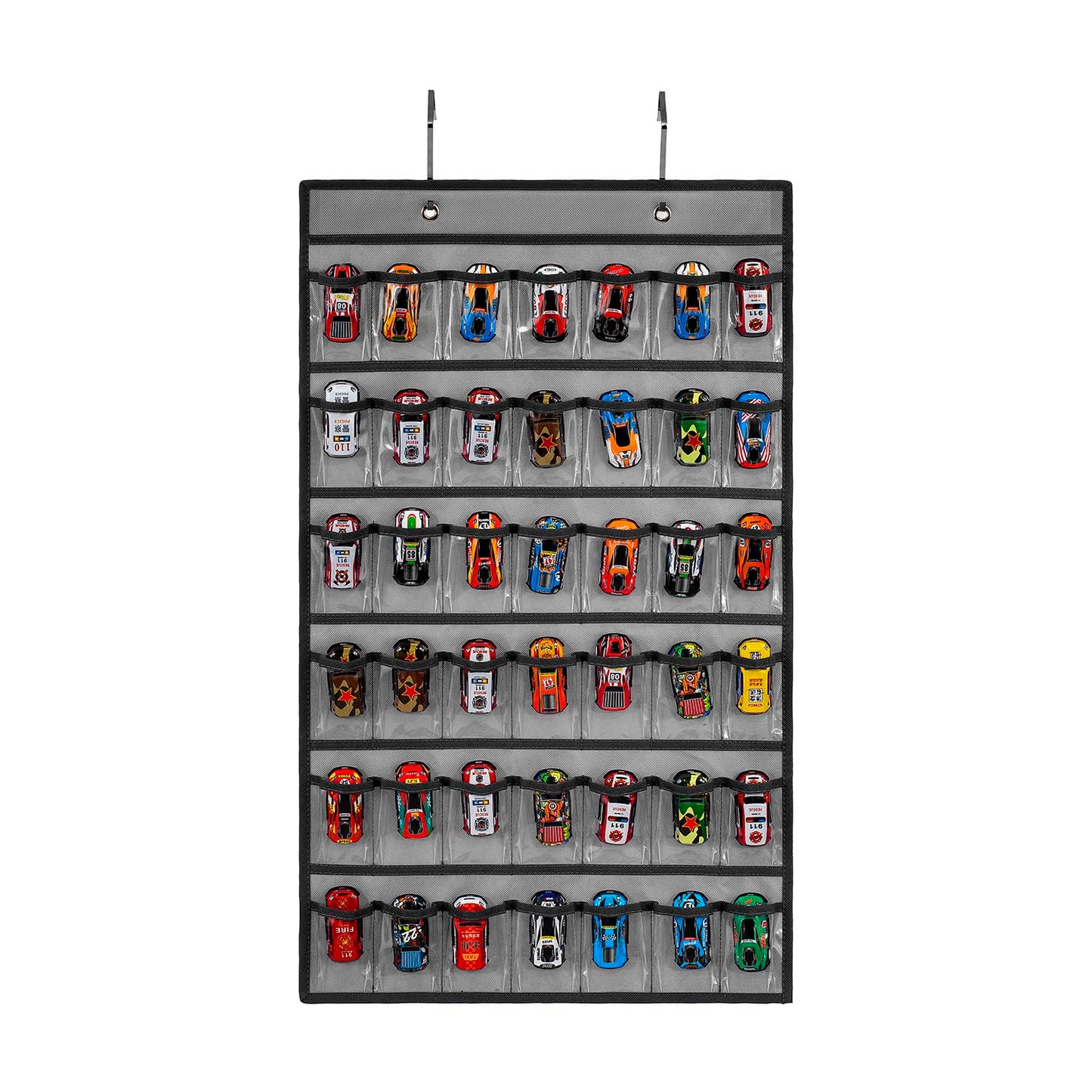 Toy Car Storage Organizer Hanging Toy Wheels Cars Holder Matchbox Cars Display Case with 42 Clear Pockets (One Side-Grey)