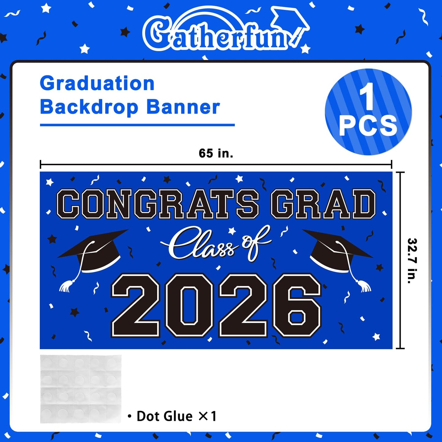 Graduation Party Decorations 2026 Plastic Backdrop - 65" x 32.7" Congrats Grad Banner in Blue, Large Class of 2026 Decorations, Photography & Grad Party Supplies