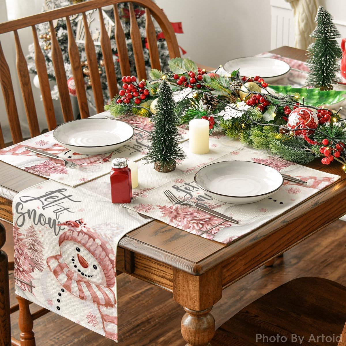 Xmas Trees Let It Snow Pink Snowman Christmas Placemats Set of 4, 12x18 Inch Winter Table Mats for Party Kitchen Dining Decoration