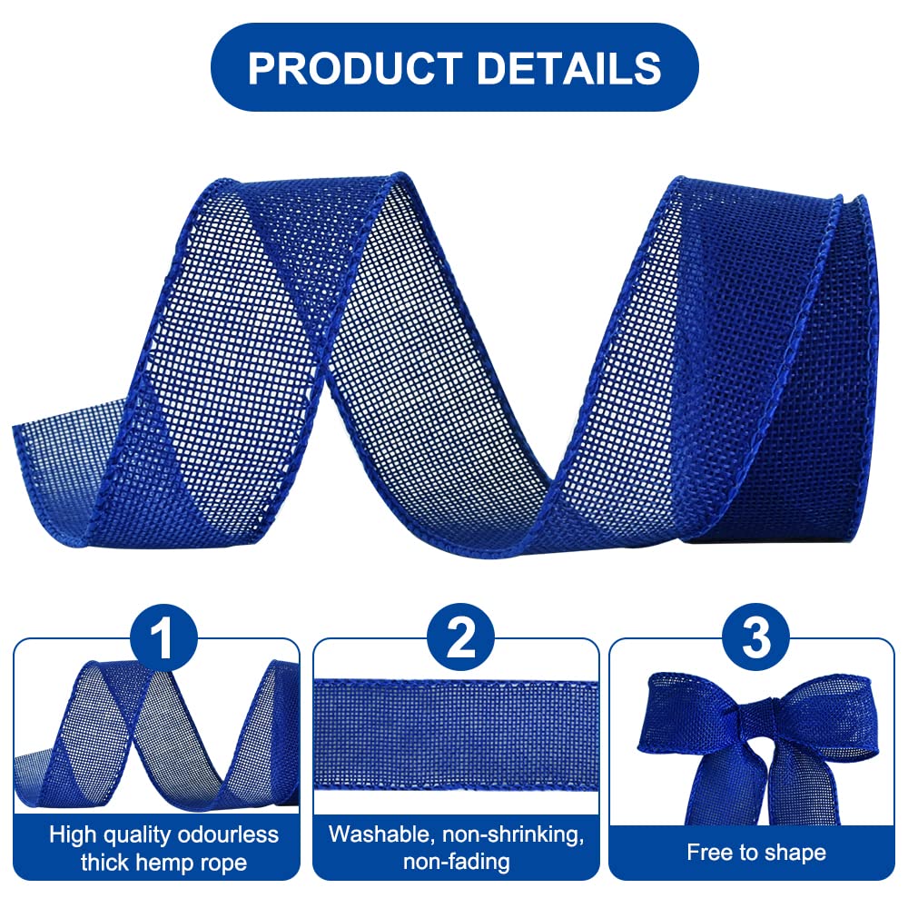 TONIFUL Burlap Royal Blue Wired Ribbon, 1 1/2 inch 10 Yard Jute Ribbon for Decoration Bows Tree Toppers Ribbons Craft Gift Wrapping Wreath Sewing, for Winter Christmas Wreath Decor