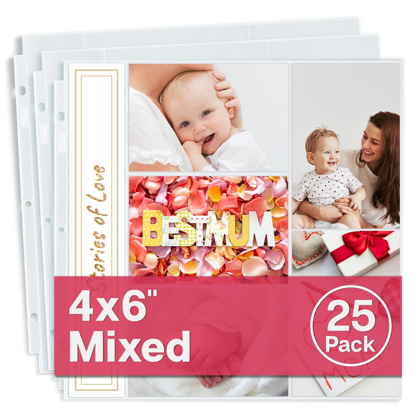 Dunwell 12x12 Photo Album Refill Pages, 25 Pack Holds 250 Photos, 4x6 Photo Sleeves for 3 Ring Binder, Mixed Layout Scrapbook Page Protectors, Acid-Free Poly