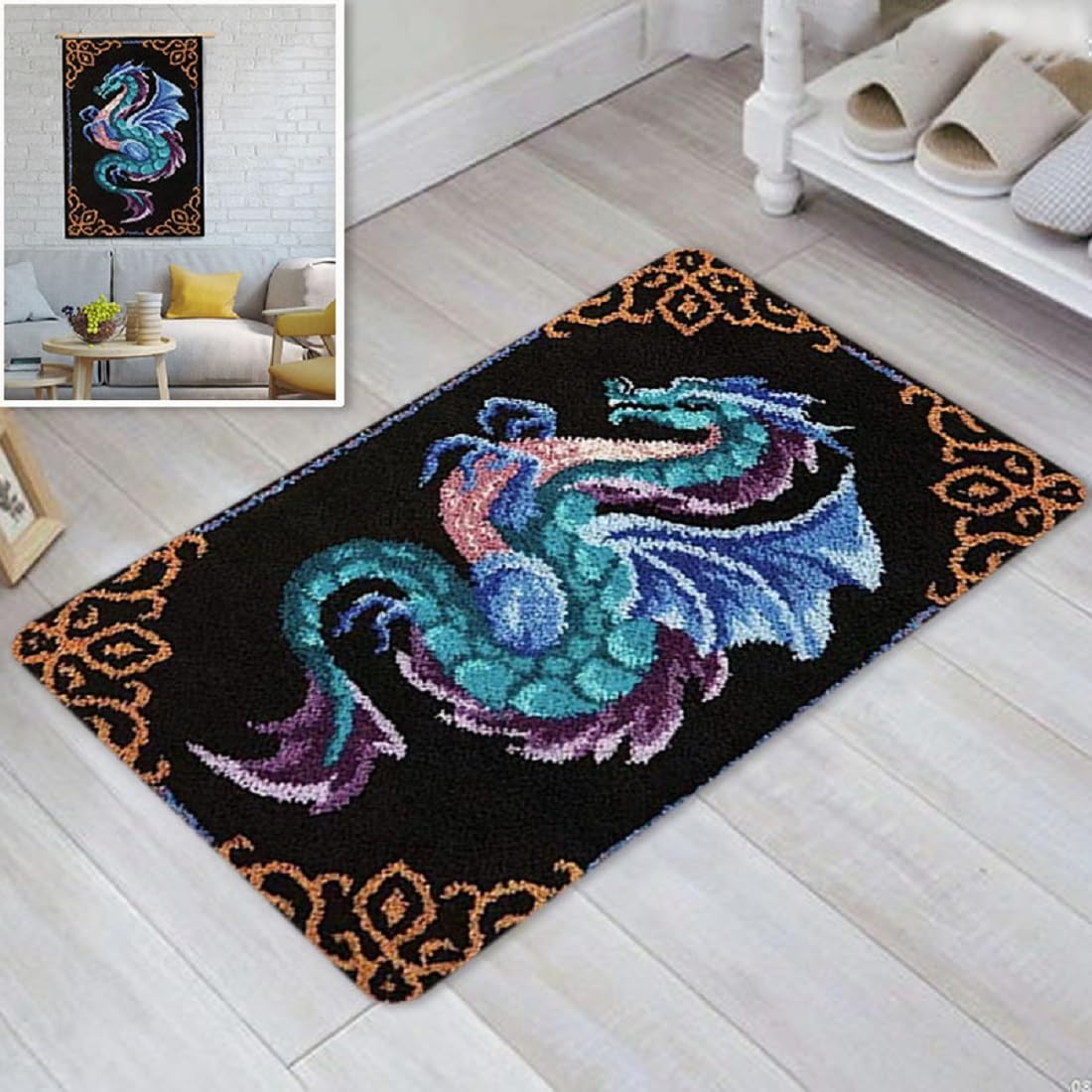 Dragon Latch Hook Rug Kits for Adult, DIY Rug Crochet Making Kits with Pre-Printed Canvas and Latch Hook Tool and Enough Yarn, 20x15in