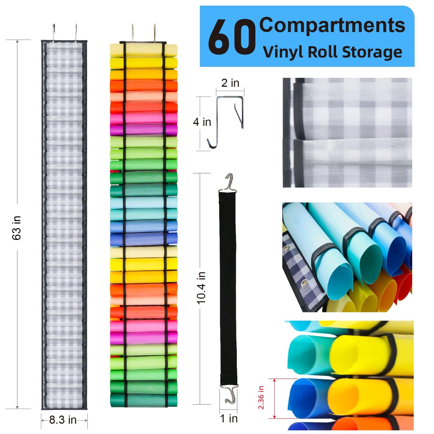 Vinyl Roll Holder, 60 Compartments Vinyl Roll Storage for Permanent Vinyl Organizer, Craft Storage Organizer,Vinyl Storage Rack for Home Crafts, Door/Wall Mount