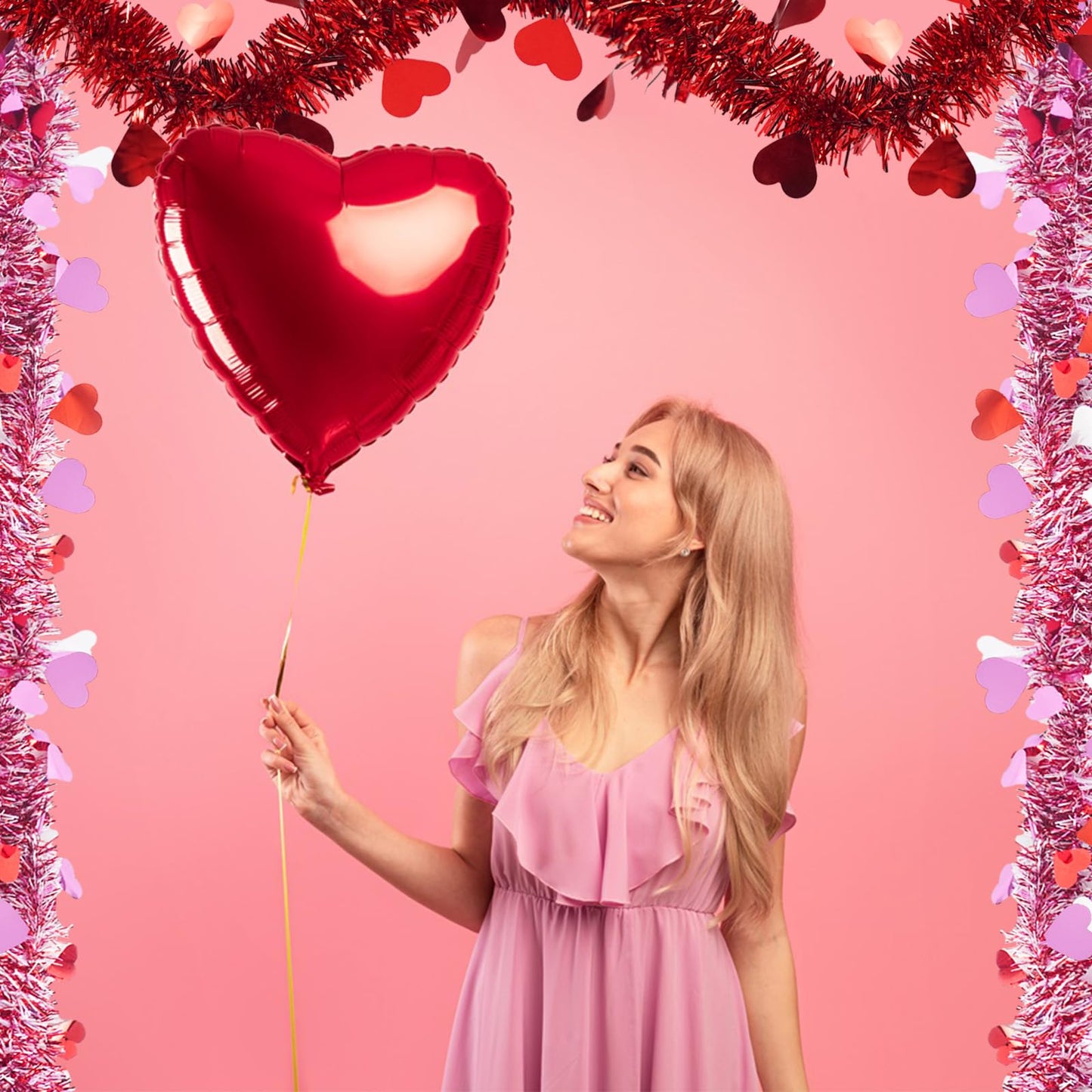 66 Feet Valentine Tinsel Garland Decoration 2 Pack Hanging Metallic Red Pink Heart Garland for Mantle Wedding Festival Valentine's Day Indoor Outdoor Decor