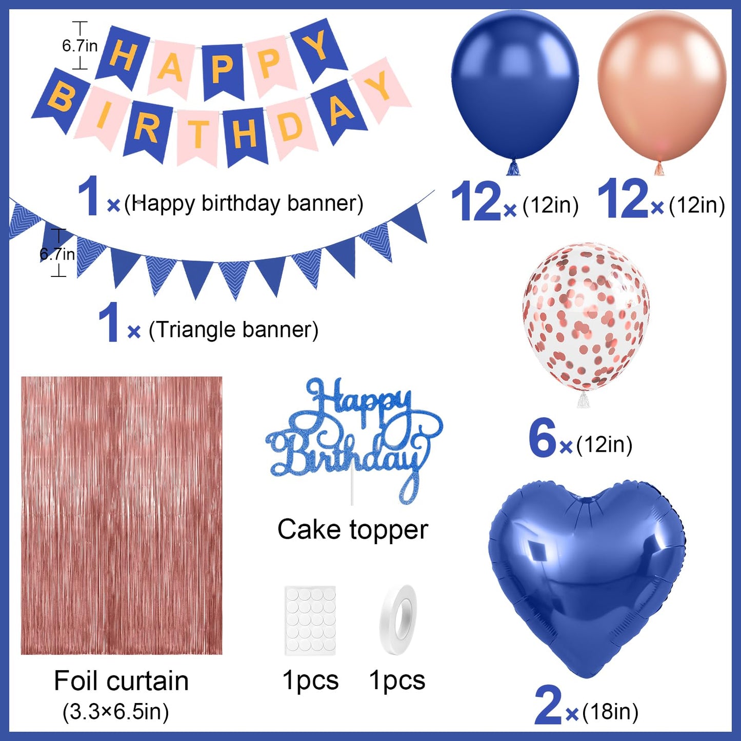 Navy Blue Rose Gold Birthday Decorations,Happy Birthday Banner Fringe Curtain Heart Foil Balloons for Women Girl Boys Men