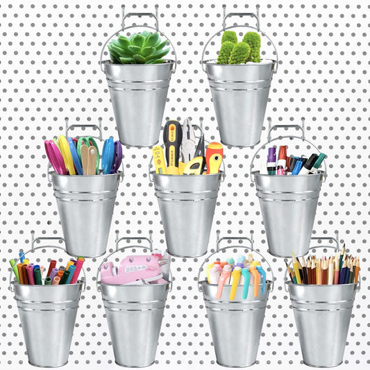 G.CORE 9 Pack Silver Pegboard Cups with Hooks, Peg Board Hooks Assortment Organizer Accessory, Various Tools Storage Arrange System Kit, for Garage Craft Workshop Workbench Hobby Office