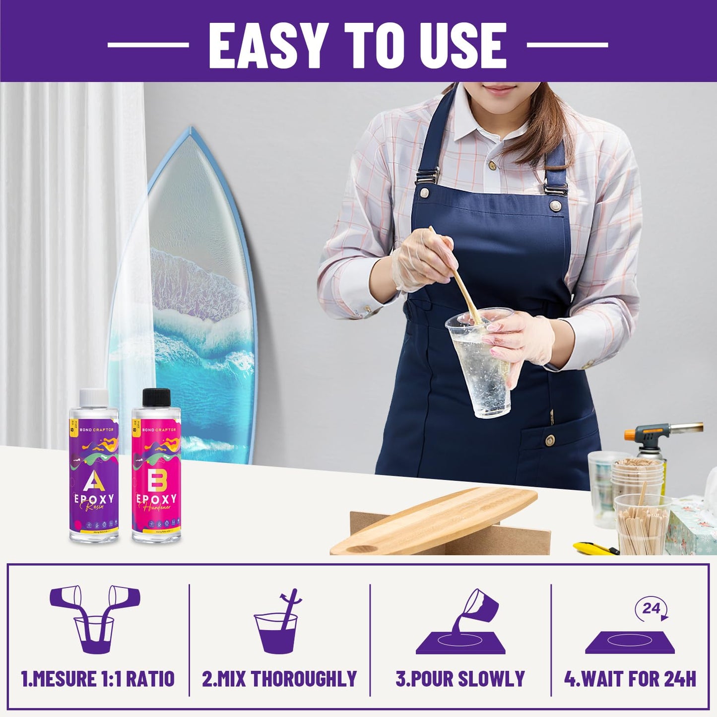 Bond Craftor Epoxy Resin Kit 16OZ, Clear Crystal Resina Epoxica Food Safe, Casting Resin for Art Craft, Jewelry Making, DIY