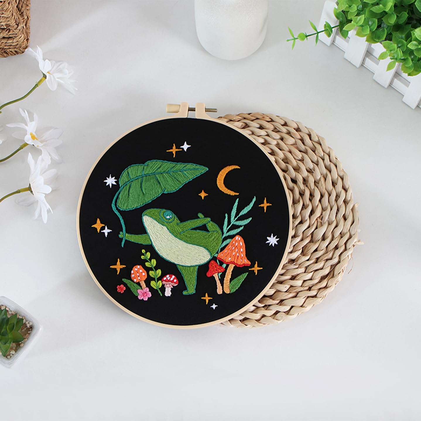 Frog Embroidery Kits for Beginners with Art Night Pattern, Cross Stitch Kit for Adults,DIY Needlepoint for Embroidery Starter