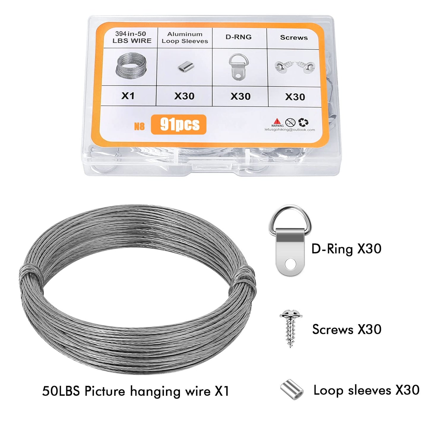 Picture Hanging Hardware with Wire - ROBUST 91pcs Picture Hanging Kit, Wall Hooks for Hanging Pictures with Wire, Screw, D Ring, Loop Sleeves for Picture Frame, Mirror, Art(N8)