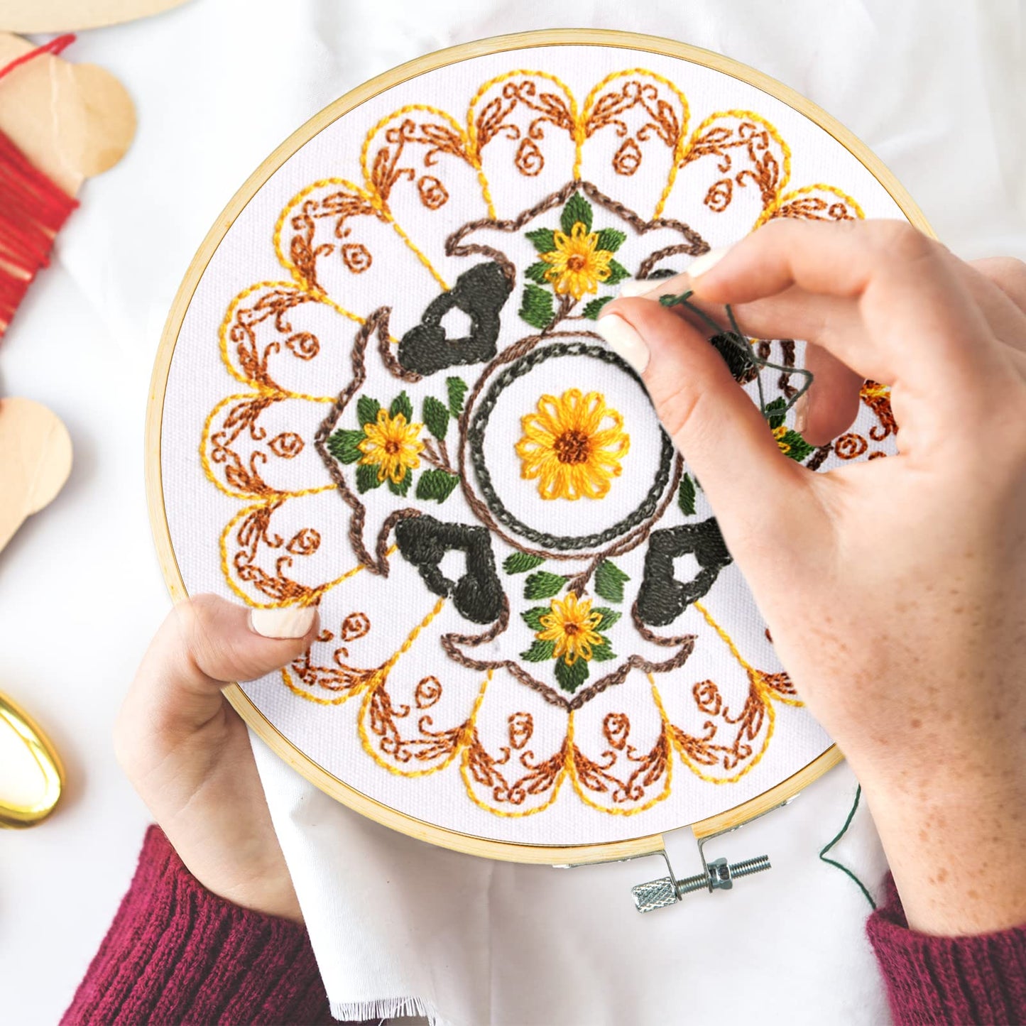 4 Mandala Embroidery Starter Kit with Instruction Plum Blossom Chrysanthemum Orchid Lotus Needlepoint Cross Stitch Kit with Embroidery Hoop Threads Needle Scissors for Beginners DIY Craft