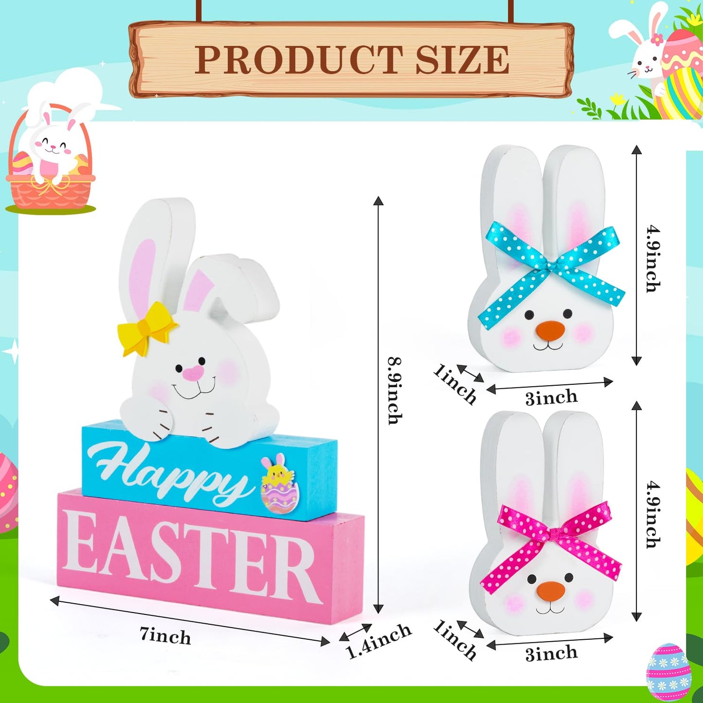 5 Pcs Easter Decorations for the Home Happy Easter Bunny Wooden Block Table Sign with 2 Wooden Easter Bunny Table Decor Set Rustic Spring Table Easter Decorations for Easter Holiday Tabletop Party