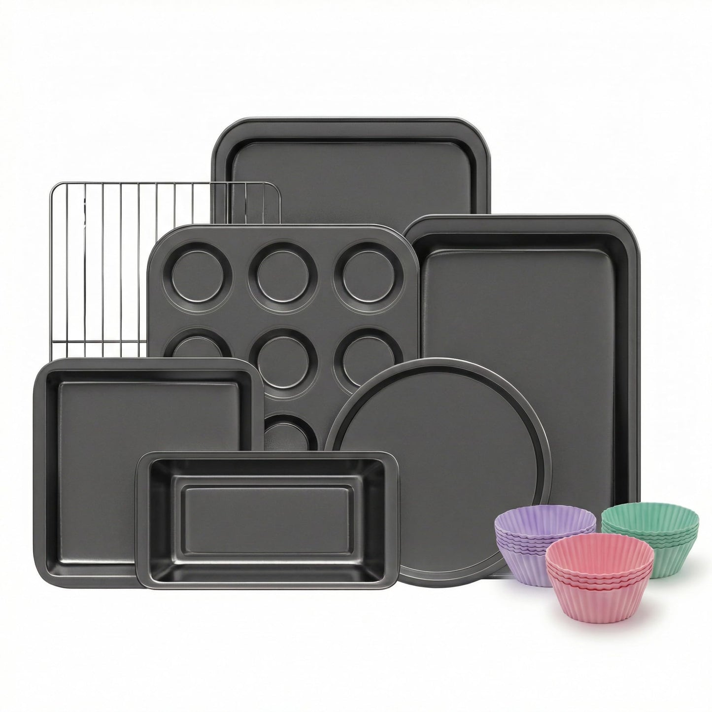 KITESSENSU Baking Pans Sets, Nonstick Bakeware Sets 19-Piece with Round/Square Cake Pan, Loaf Pan, Muffin Pan, Cookie Sheet, Roast Pan, Cooling Rack, Carbon Steel Bake Set