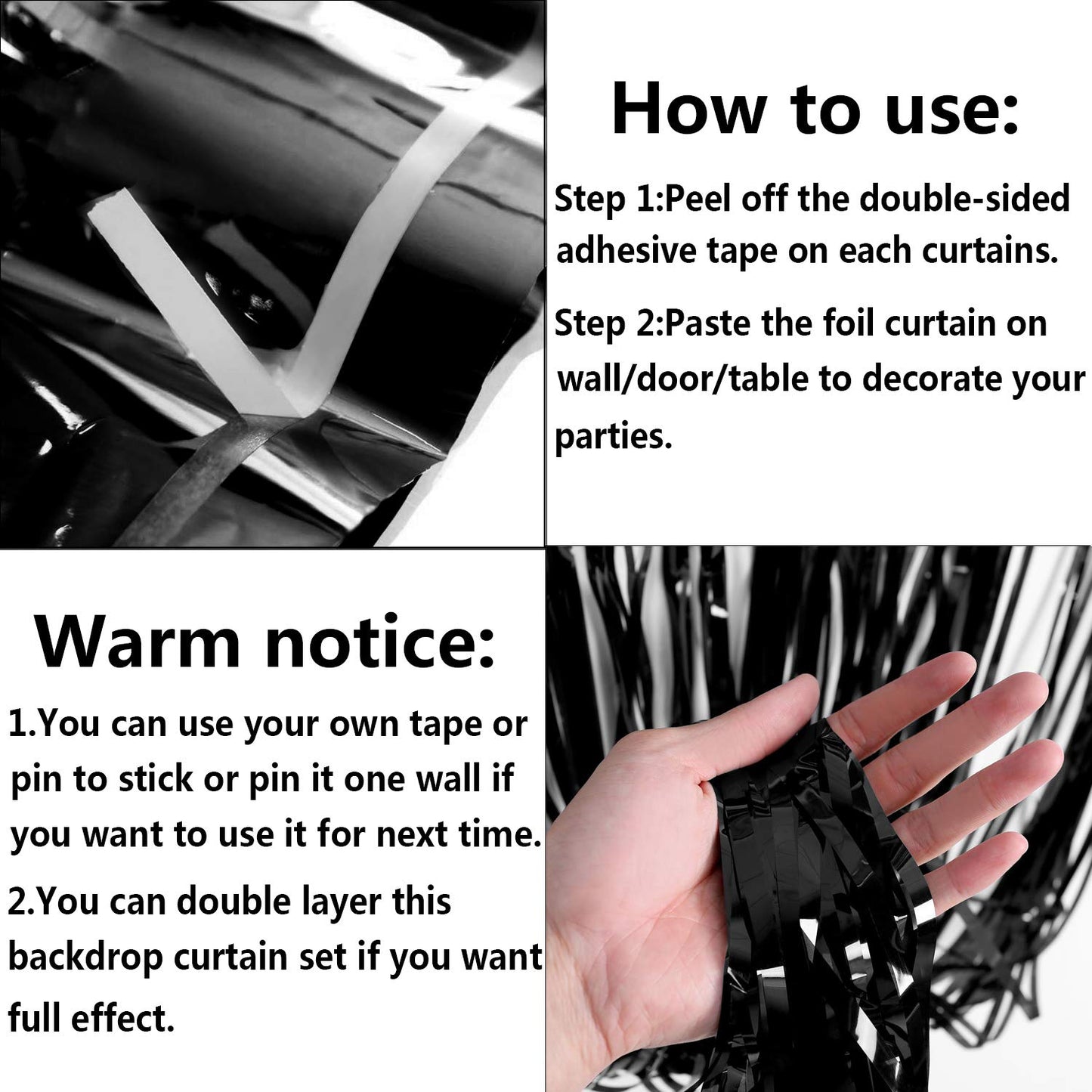 Fecedy 2pcs 3ft x 8.3ft Black Metallic Tinsel Foil Fringe Curtains Photo Booth Props for Birthday Wedding Engagement Bridal Shower Baby Shower Bachelorette Holiday Celebration Party Decorations