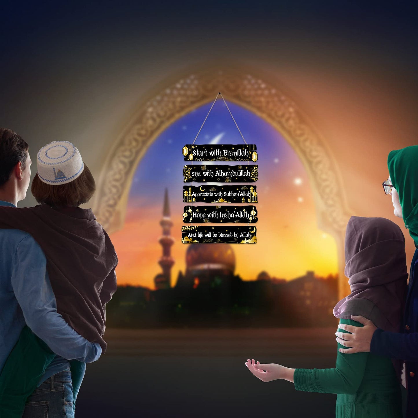 Islamic Wall Sign Eid Ramadan Mubarak Decorations Start and End with Allah Wall Art Allah Pediment Inspirational Wooden Hanging Muslim Plaque for Islamic Home Eid Al Fitr Supplies (Black)