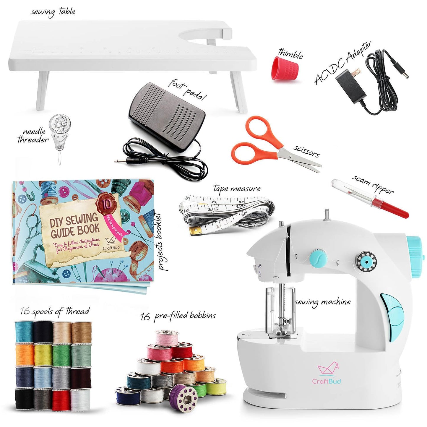 CraftBud Mini Sewing Machine for Beginners, Dual Speed Small Portable Sewing Machine for Kids and Adults with Extension Table, 48 Piece Gift Set Includes, Pedal, Projects Book, Light and More, White
