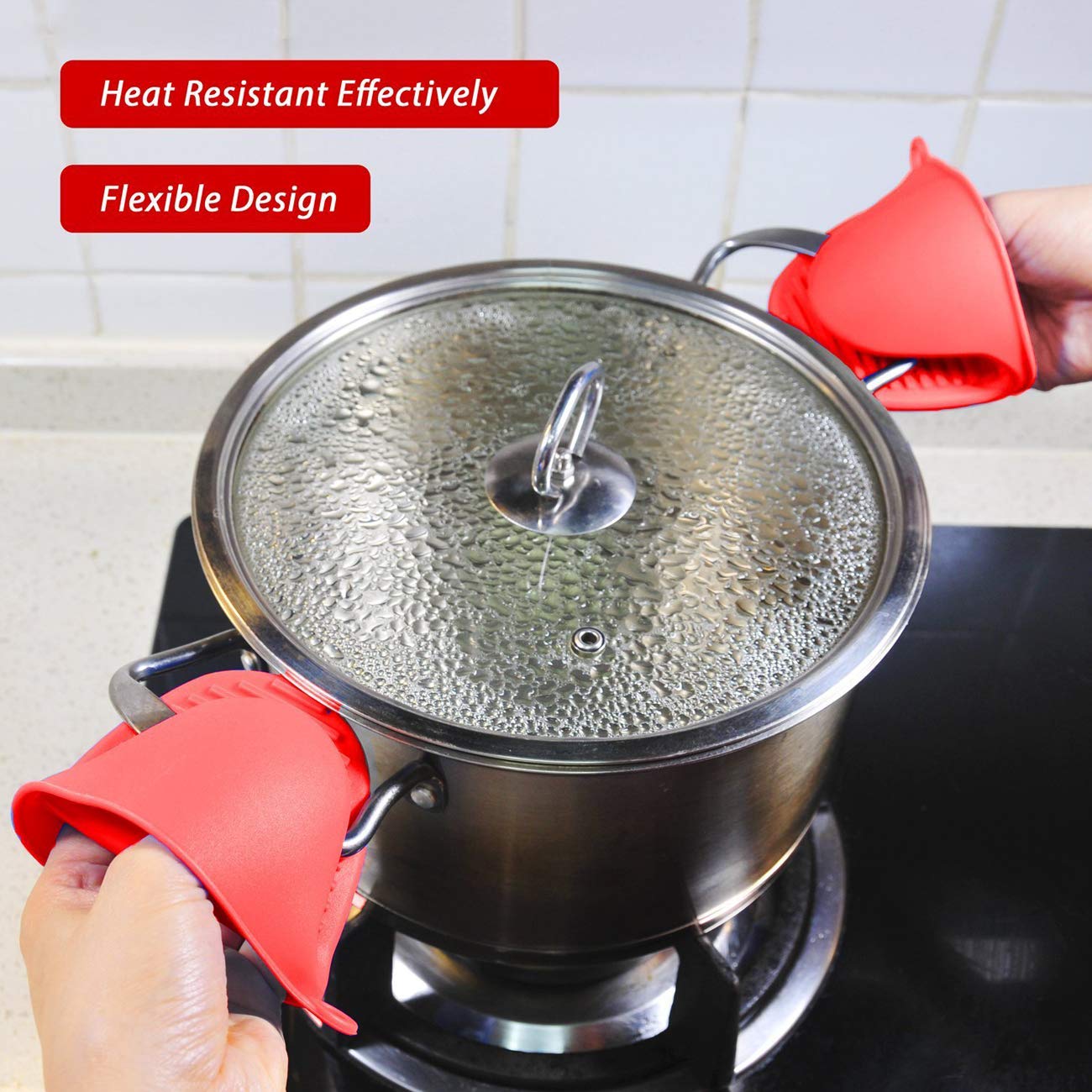 2 Pairs Mini Oven Gloves Silicone Heat Resistant Cooking Pinch Mitts Potholder for Kitchen Cooking & Baking (Red and Blue)