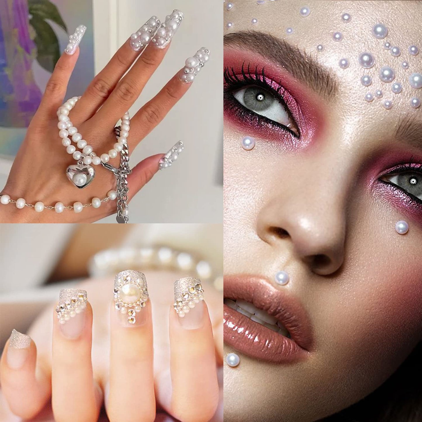 4000 PCS Half Round Pearls and Rhinestones, Flat Back White and Beige Half Pearls and Clear+AB Round Crystal Gem Kit with Tweezer and Pickup Pencil for Nail Art and DIY Decoration
