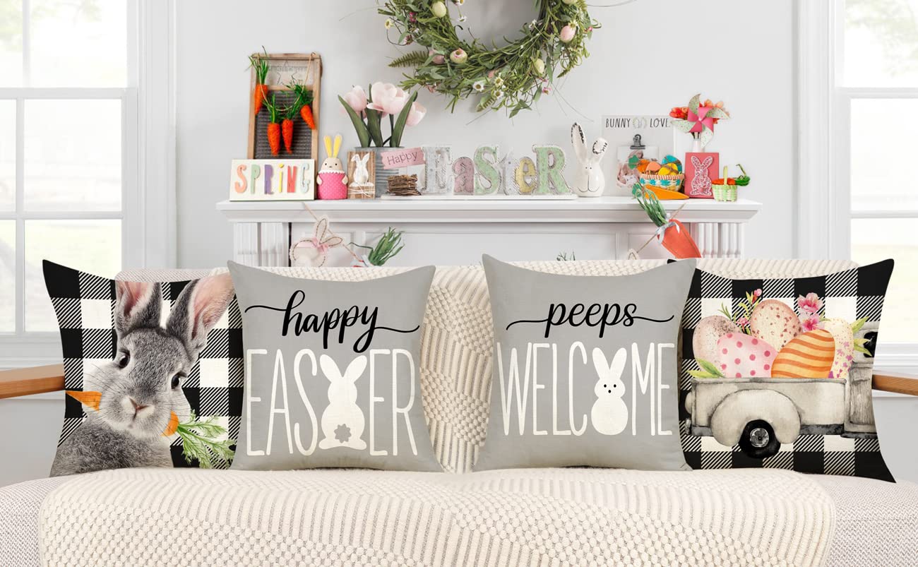 Easter Pillow Covers 18x18 Set of 4 Easter Decorations for Spring Farmhouse Pillows Easter Decorative Throw Pillows Buffalo Plaid Bunny Eggs Welcome Peeps Throw Cushion Case for Home Decor TH163