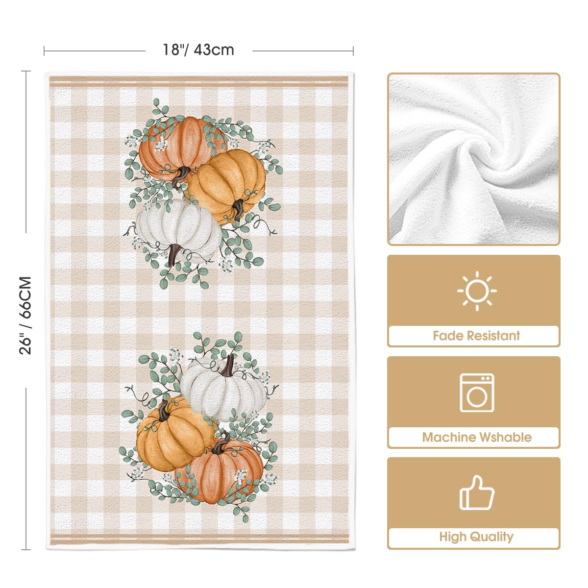Artoid Mode Orange Eucalyptus Leaves Hello Pumpkin Fall Kitchen Towels Dish Towels, 18x26 Inch Farmhouse Give Thanks Decoration Hand Towels Set of 4