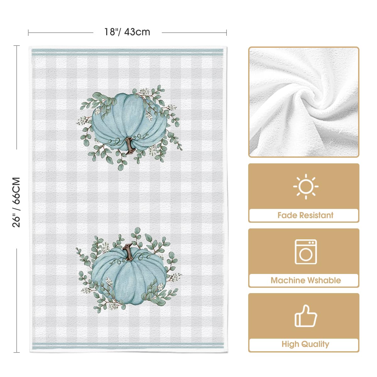 Artoid Mode Grey Eucalyptus Leaves Hello Pumpkin Fall Kitchen Towels Dish Towels, 18x26 Inch Farmhouse Give Thanks Decoration Hand Towels Set of 4